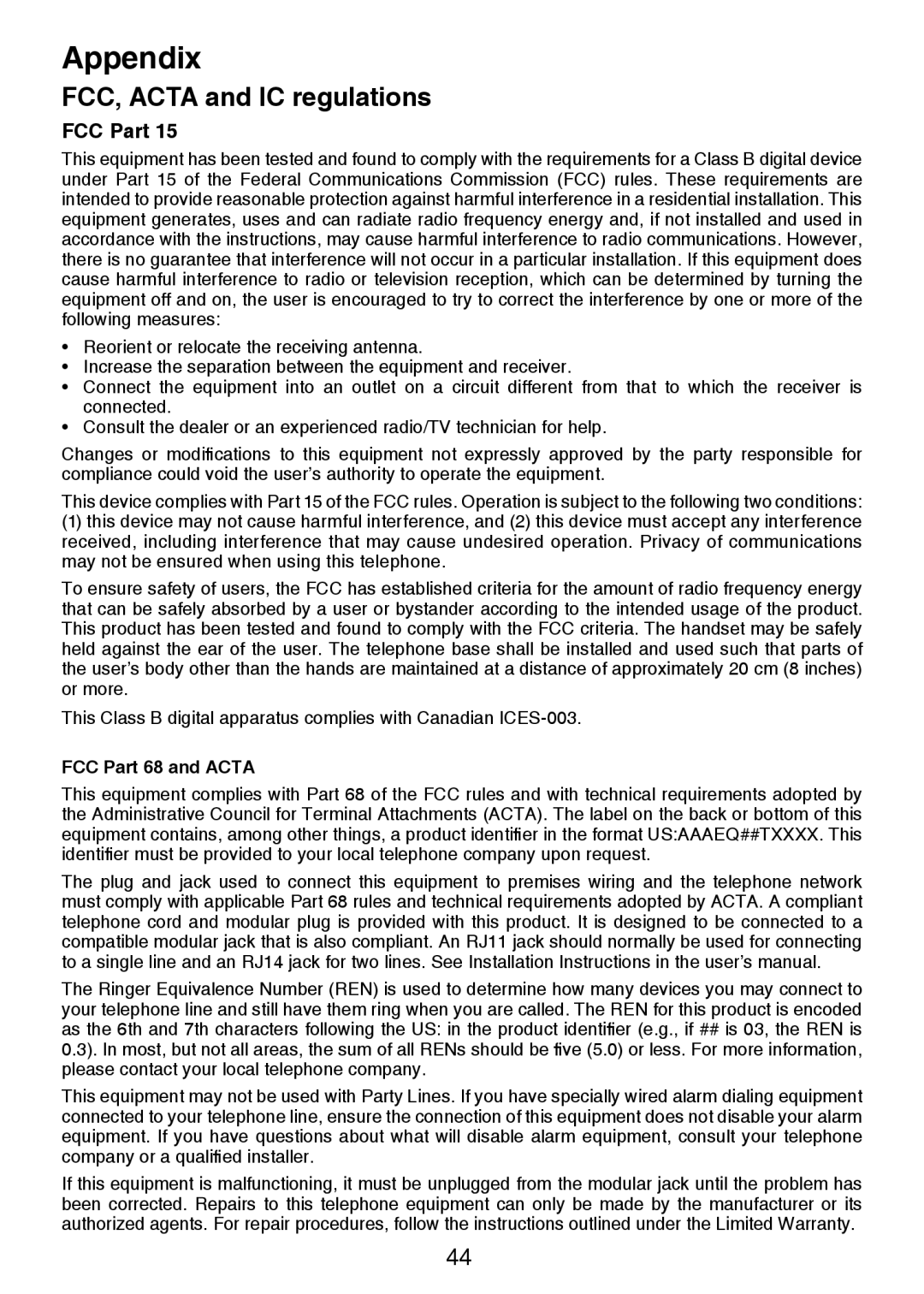 VTech DS3211-2 user manual FCC, Acta and IC regulations, FCC Part 