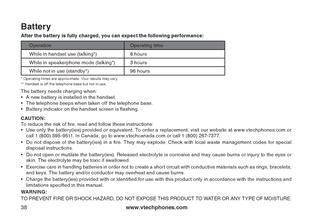 VTech DS4122-3, DS4121-4, DS4121-3, DS4122-4 important safety instructions Battery 