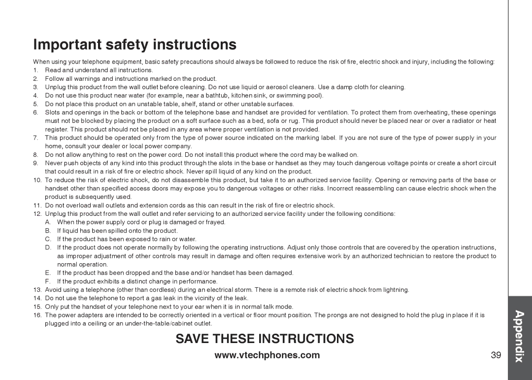 VTech DS4121-3, DS4121-4, DS4122-3, DS4122-4 important safety instructions Important safety instructions 