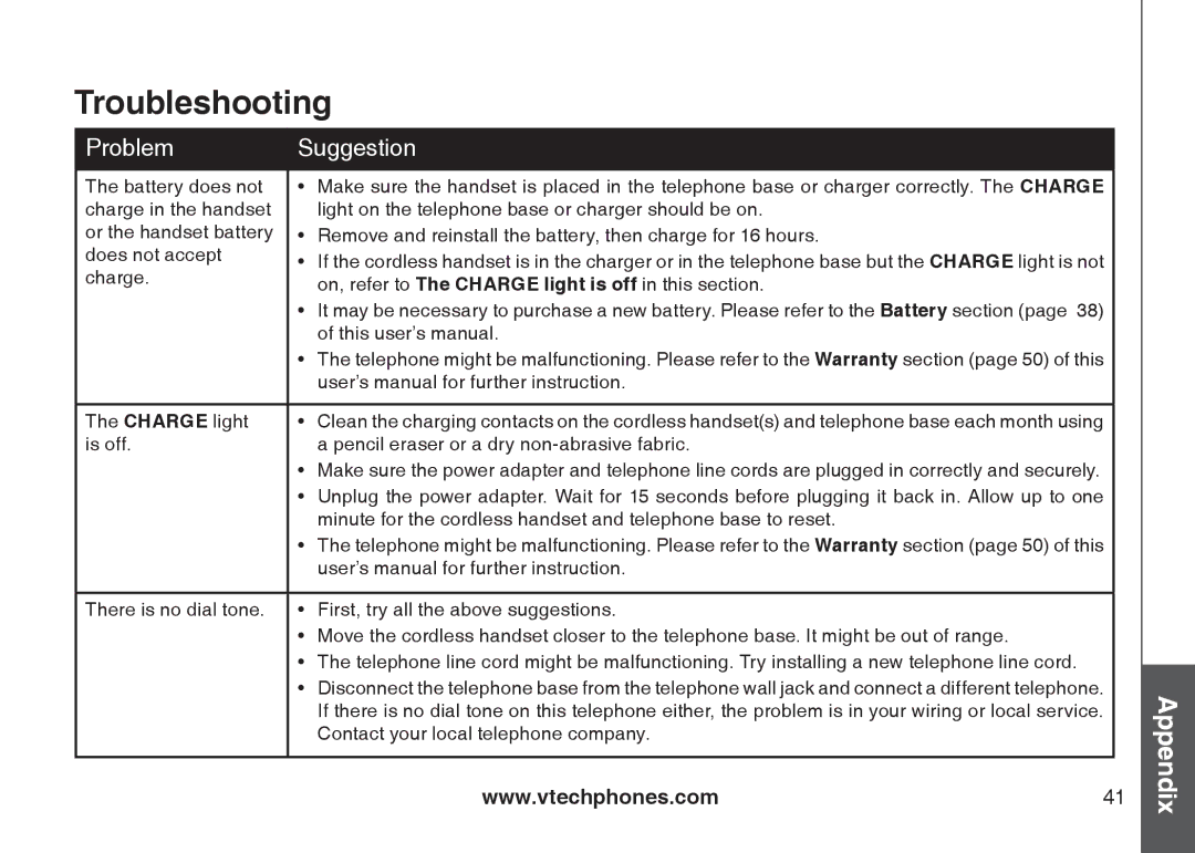 VTech DS4121-4, DS4122-3 Battery does not, Charge in the handset, Or the handset battery, Does not accept, Charge light 