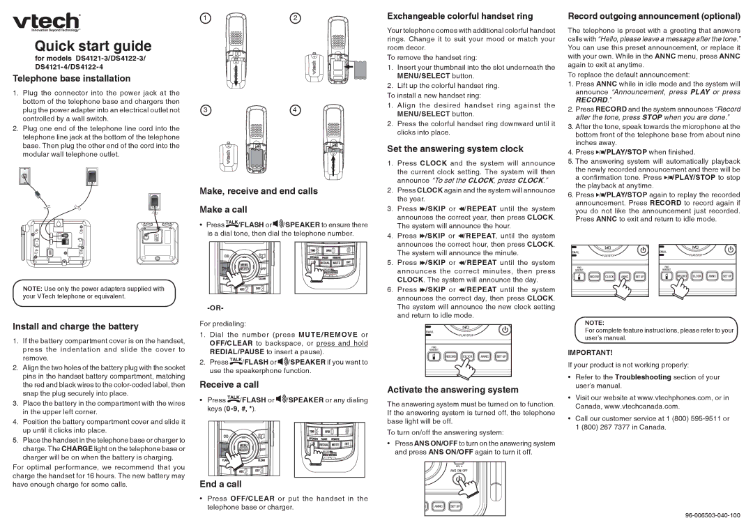 VTech DS4122-3, DS4121-4 quick start Quick start guide 