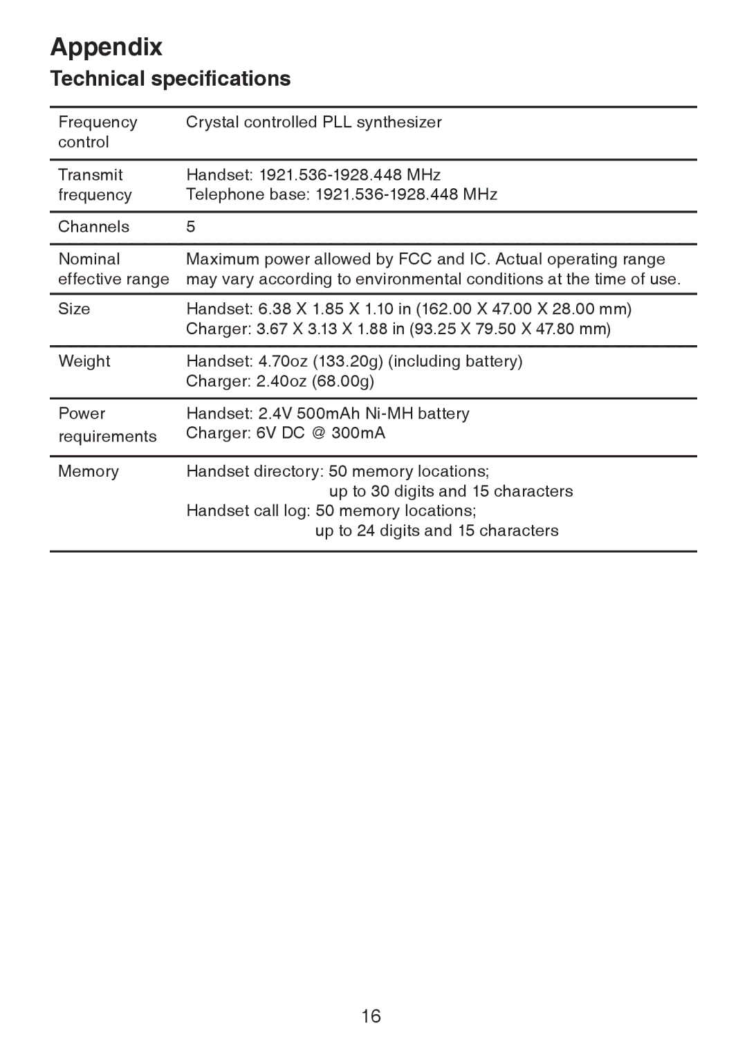 VTech DS6151, DS6101 user manual Technical specifications 