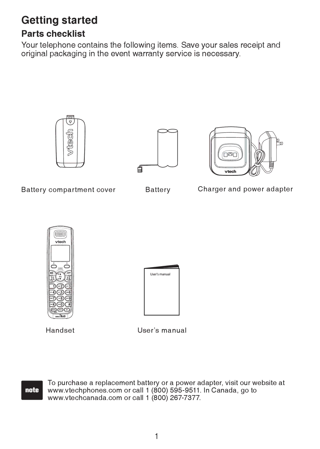 VTech DS6101, DS6151 user manual Getting started, Parts checklist 