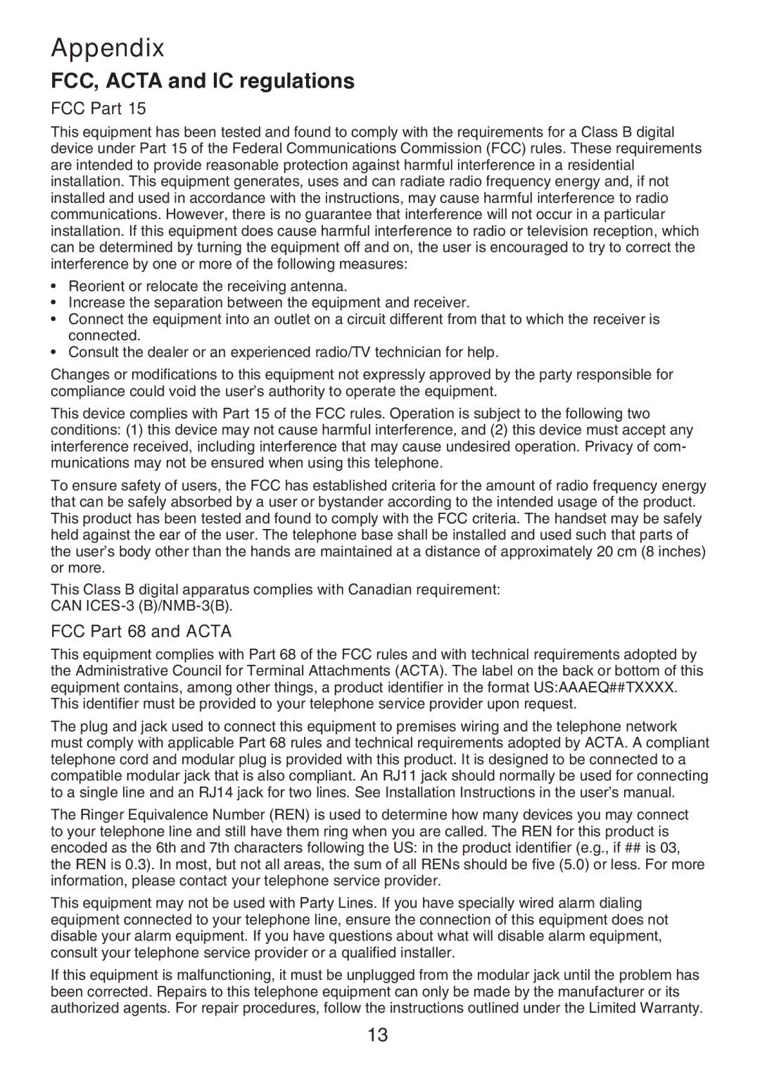 VTech DS6101 user manual FCC, Acta and IC regulations, FCC Part 68 and Acta 