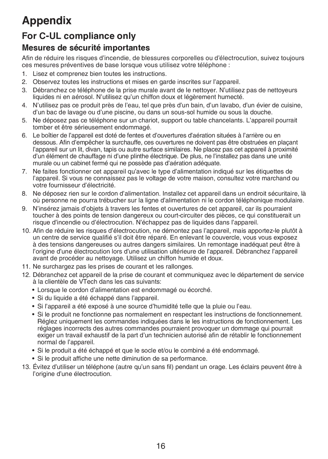 VTech DS6101 user manual For C-UL compliance only, Mesures de sécurité importantes 