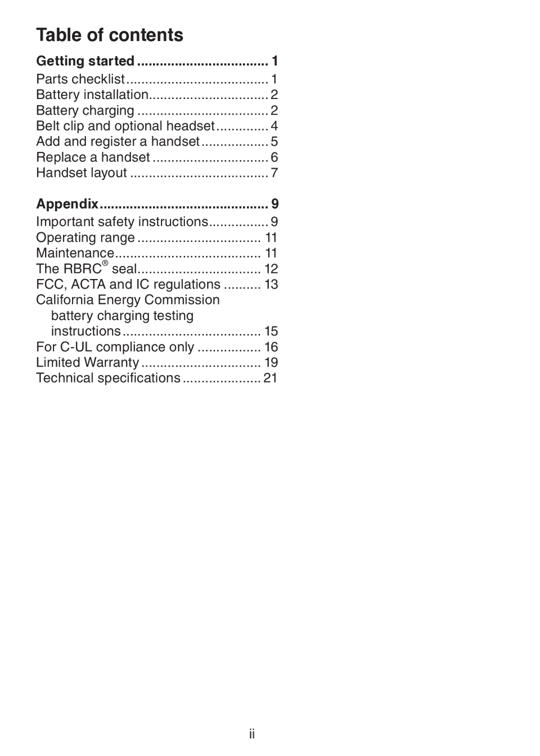 VTech DS6101 user manual Table of contents 