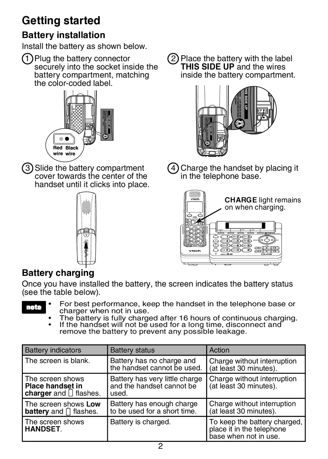 VTech DS6101 user manual Battery installation, Battery charging, Place handset, Charger 