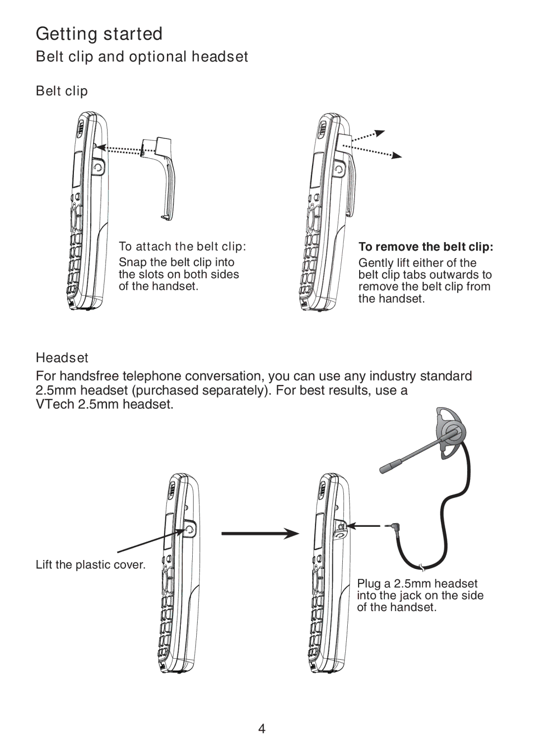 VTech DS6101 user manual Belt clip and optional headset, Headset, To attach the belt clip, To remove the belt clip 