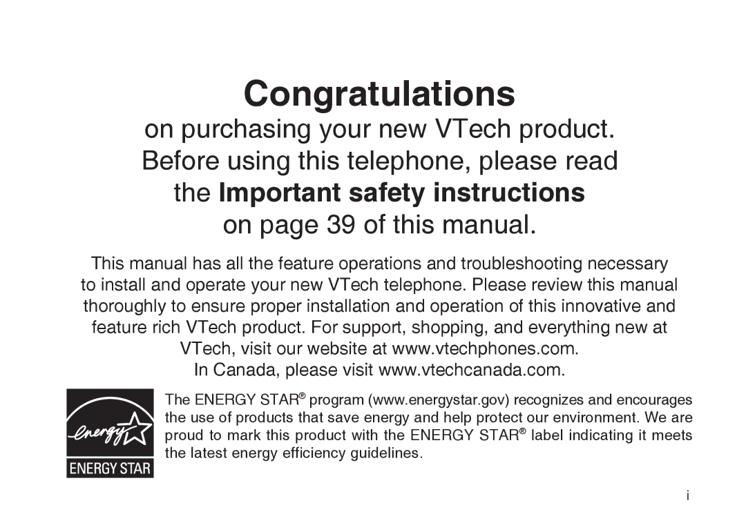 VTech DS6111-2 important safety instructions Congratulations 