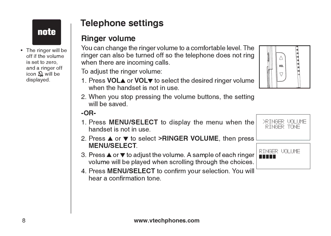 VTech DS6111-2 important safety instructions Telephone settings, Ringer volume 