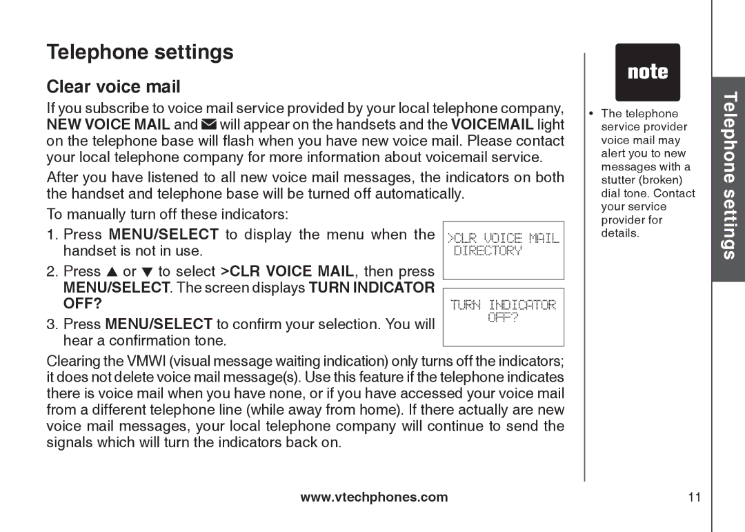 VTech DS6111-2 important safety instructions Clear voice mail, Telephone 