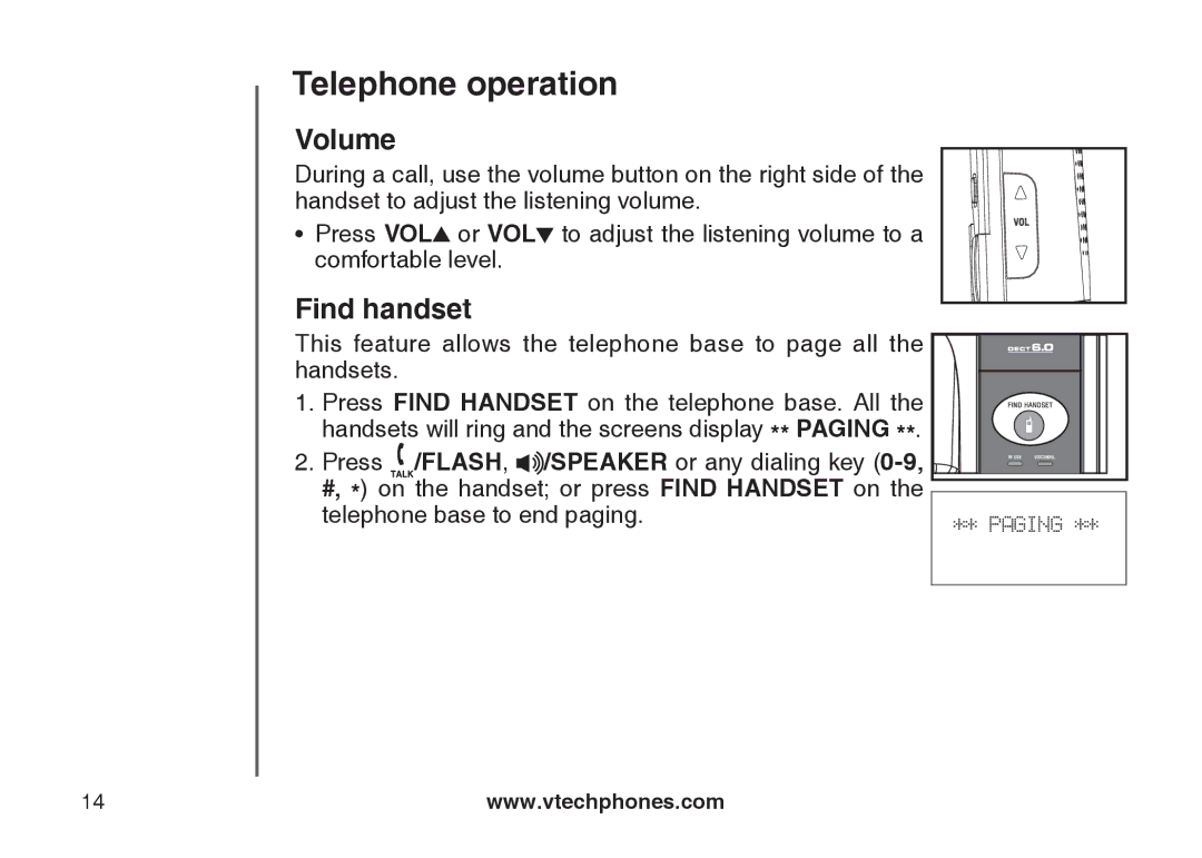 VTech DS6111-2 important safety instructions Volume, Find handset 