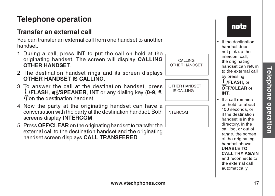 VTech DS6111-2 important safety instructions Transfer an external call, FLASH, or OFF/CLEAR or INT 