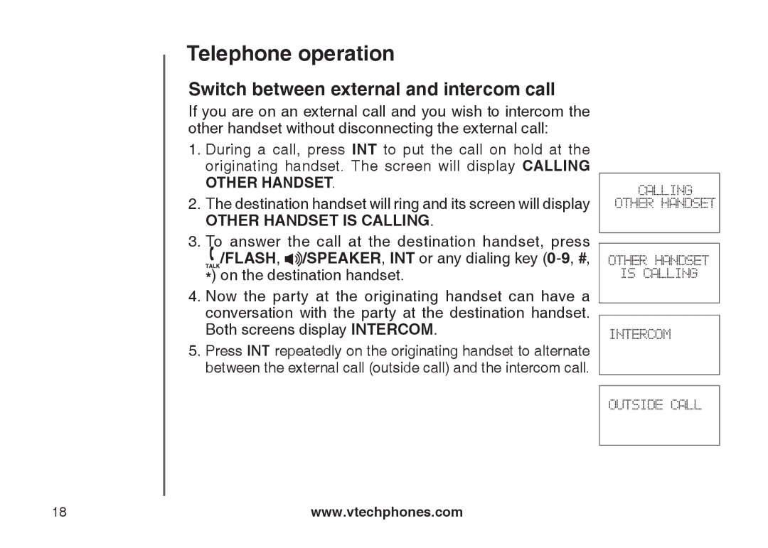 VTech DS6111-2 important safety instructions Switch between external and intercom call 