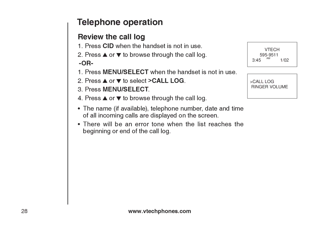 VTech DS6111-2 important safety instructions Review the call log, Press MENU/SELECT 