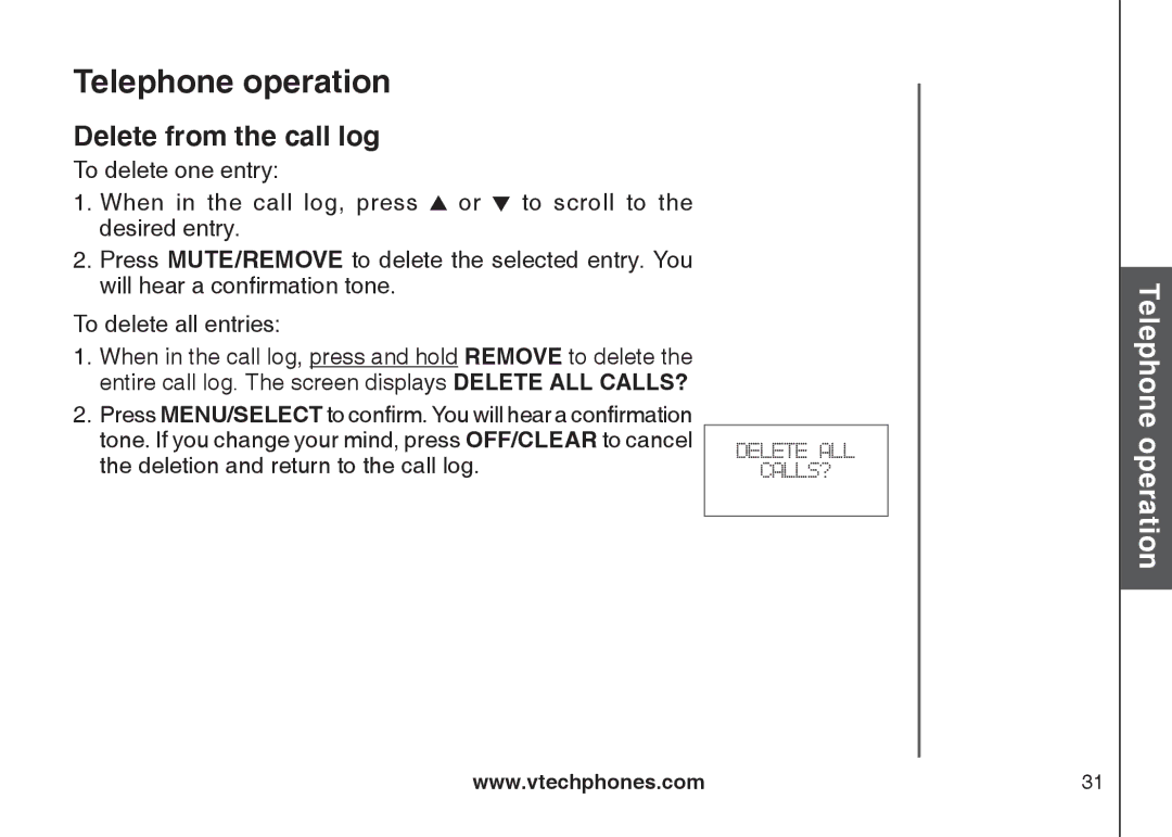 VTech DS6111-2 important safety instructions Delete from the call log 