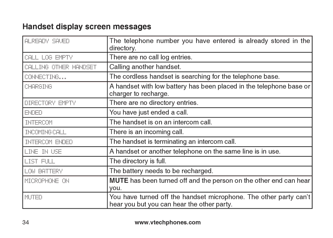 VTech DS6111-2 important safety instructions Handset display screen messages 