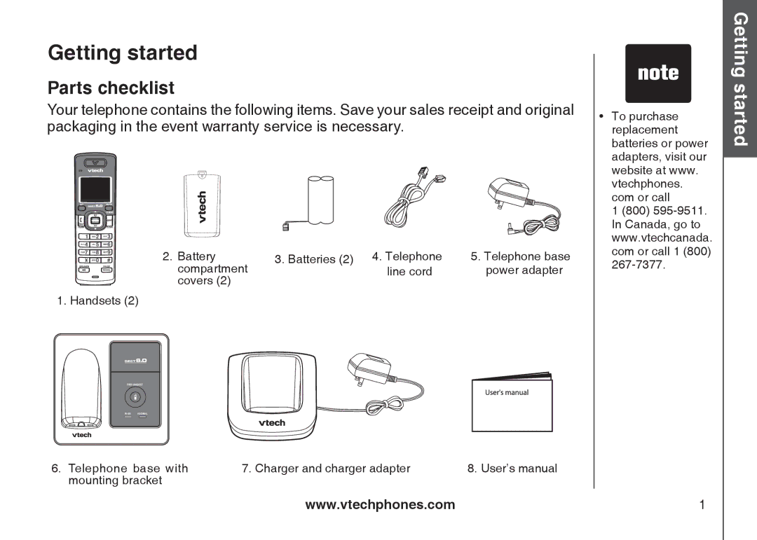 VTech DS6111-2 important safety instructions Getting started, Parts checklist 