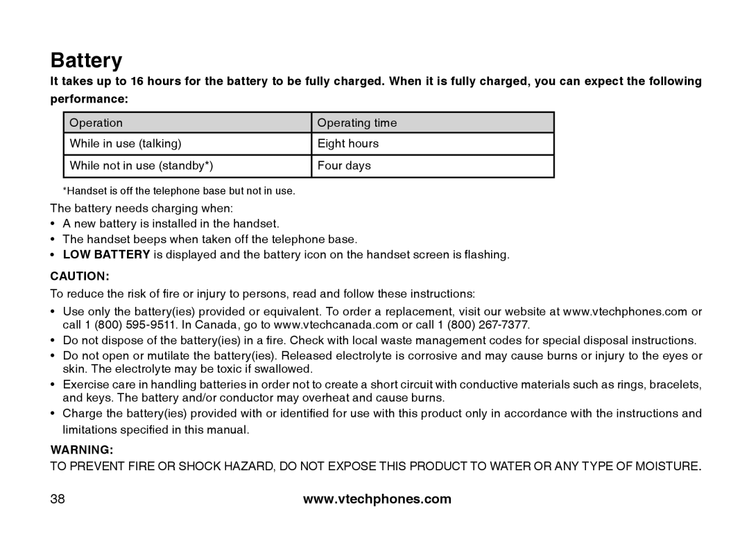 VTech DS6111-2 important safety instructions Battery 