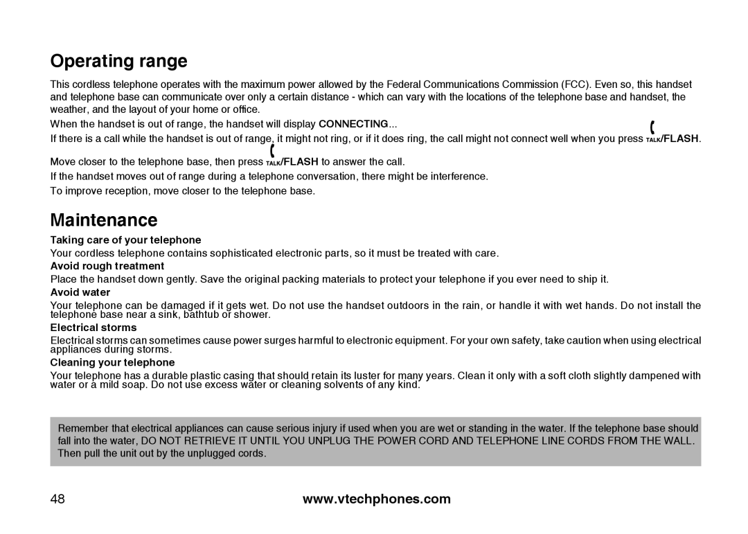 VTech DS6111-2 important safety instructions Operating range, Maintenance 