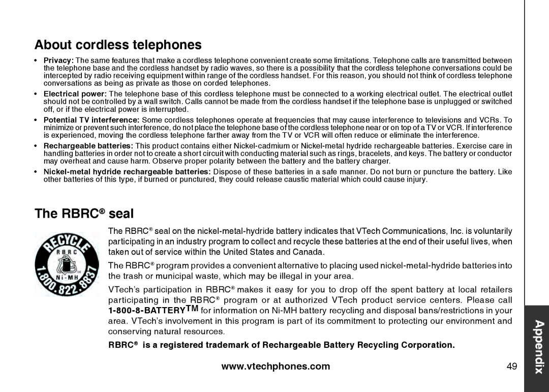 VTech DS6111-2 important safety instructions About cordless telephones, Rbrc seal 