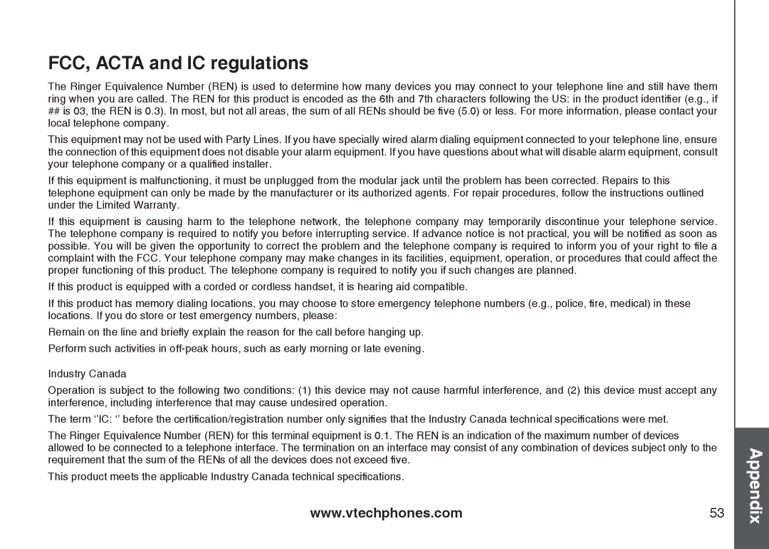 VTech DS6111-2 important safety instructions FCC, Acta and IC regulations 