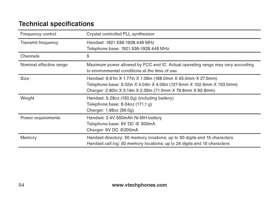 VTech DS6111-2 important safety instructions Technical specifications 