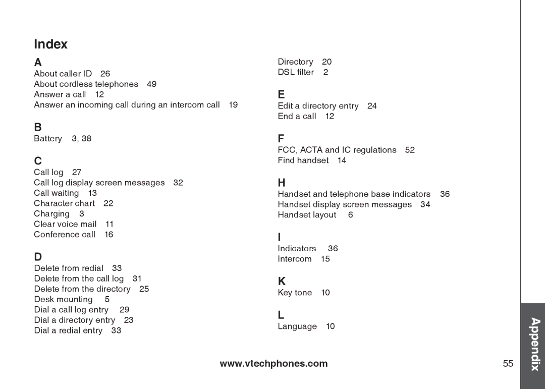 VTech DS6111-2 important safety instructions Index 