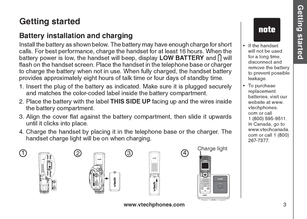 VTech DS6111-2 important safety instructions Battery installation and charging 