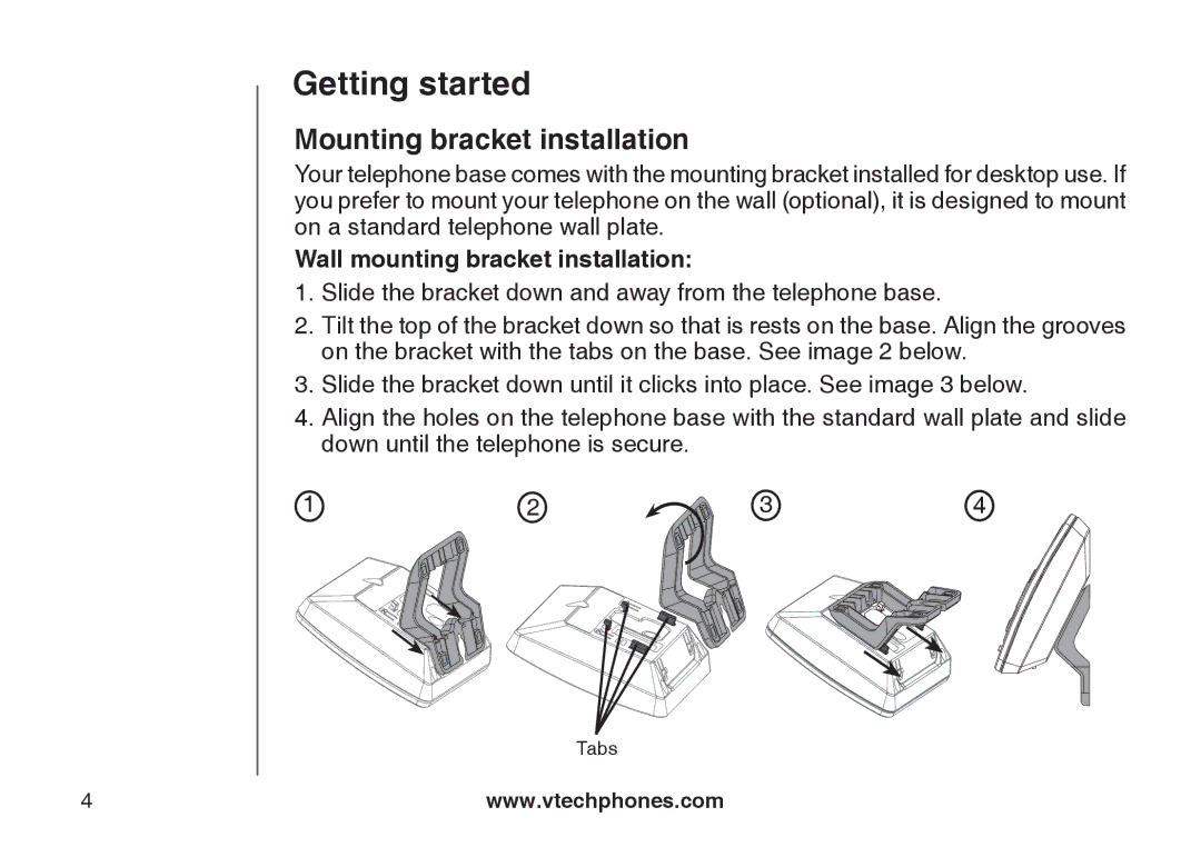 VTech DS6111-2 important safety instructions Mounting bracket installation, Wall mounting bracket installation 