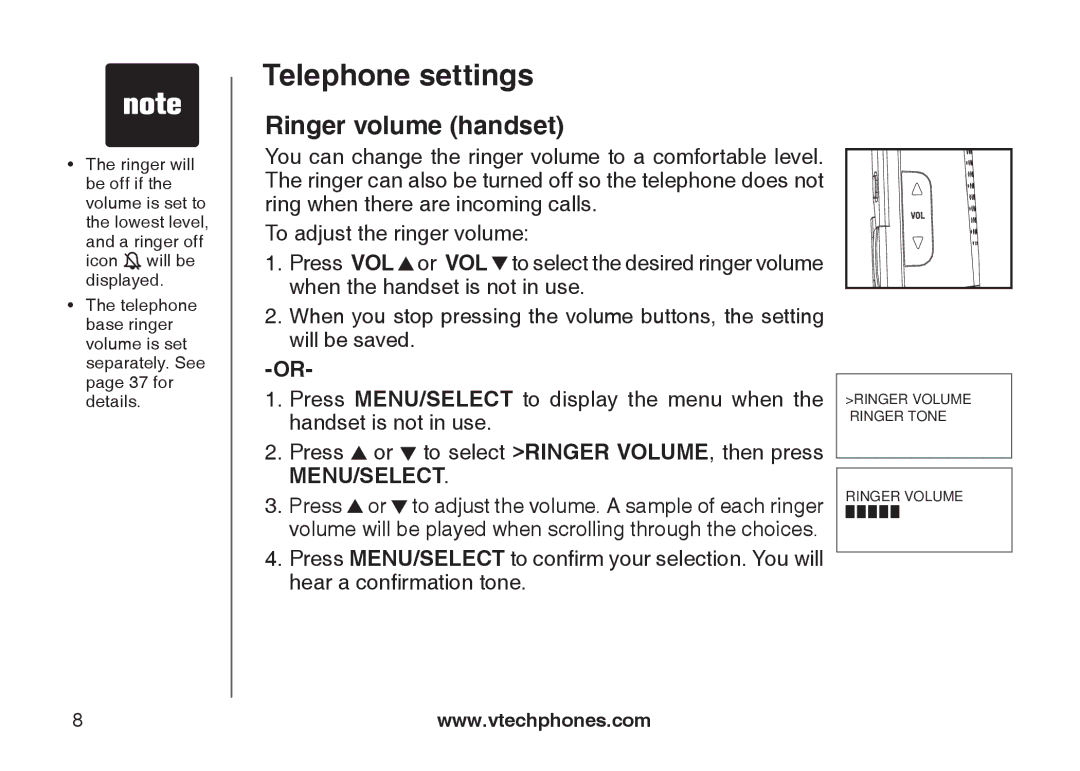 VTech DS6121-3, DS6121-2, DS6121-5, DS6122-5 user manual Telephone settings, Ringer volume handset 