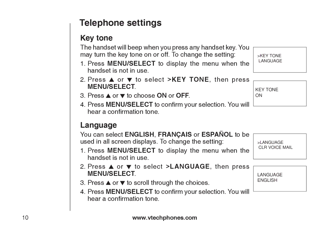 VTech DS6121-5, DS6121-3, DS6121-2, DS6122-5 user manual Key tone, Language 