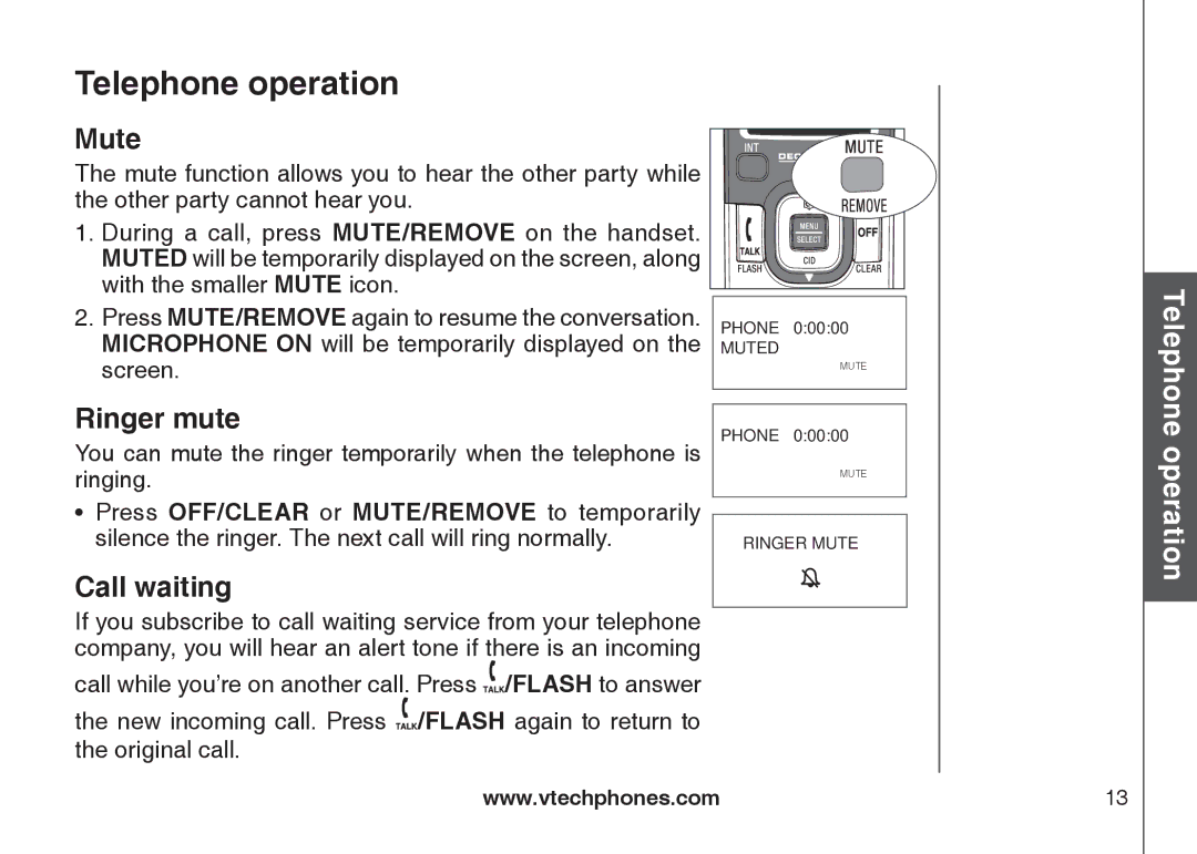 VTech DS6121-2, DS6121-3, DS6121-5, DS6122-5 user manual Mute, Ringer mute, Call waiting 