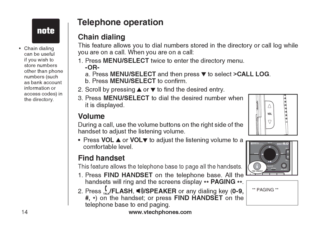 VTech DS6121-5, DS6121-3, DS6121-2, DS6122-5 user manual Chain dialing, Volume, Find handset 