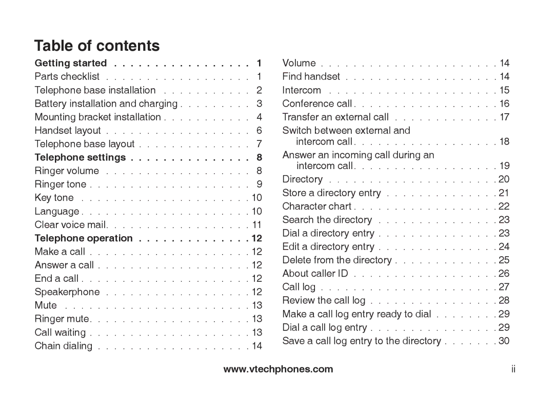 VTech DS6122-5, DS6121-3, DS6121-2, DS6121-5 user manual Table of contents 
