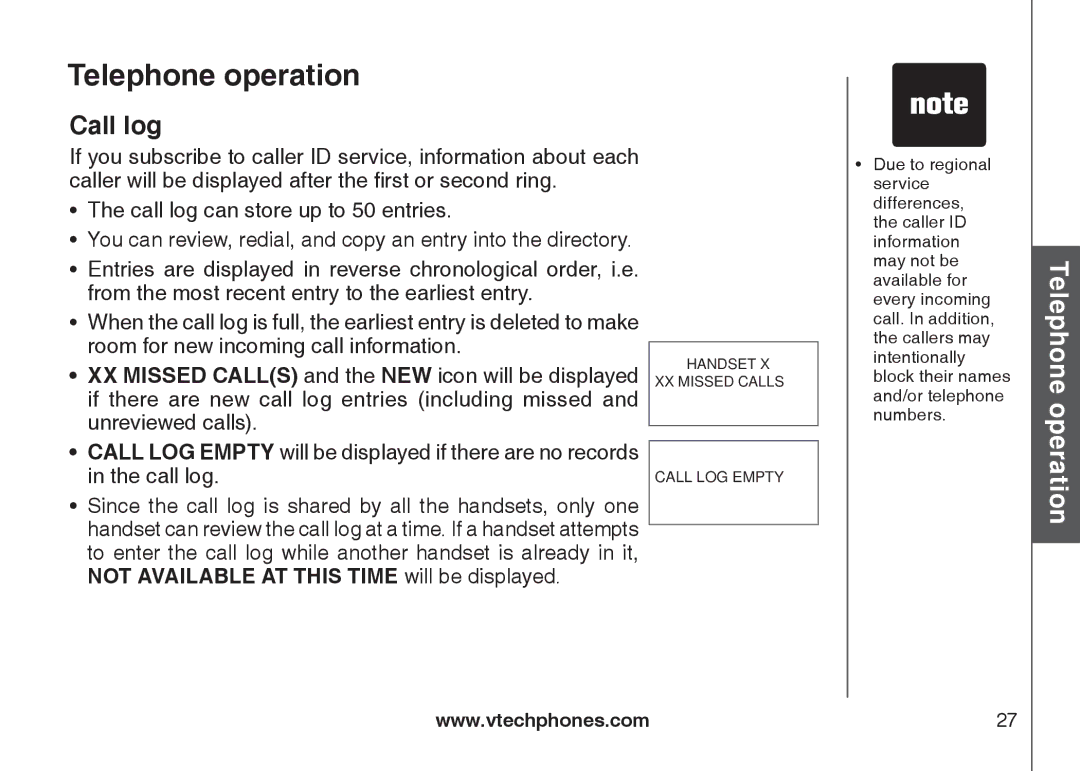 VTech DS6122-5, DS6121-3, DS6121-2, DS6121-5 user manual Call log 