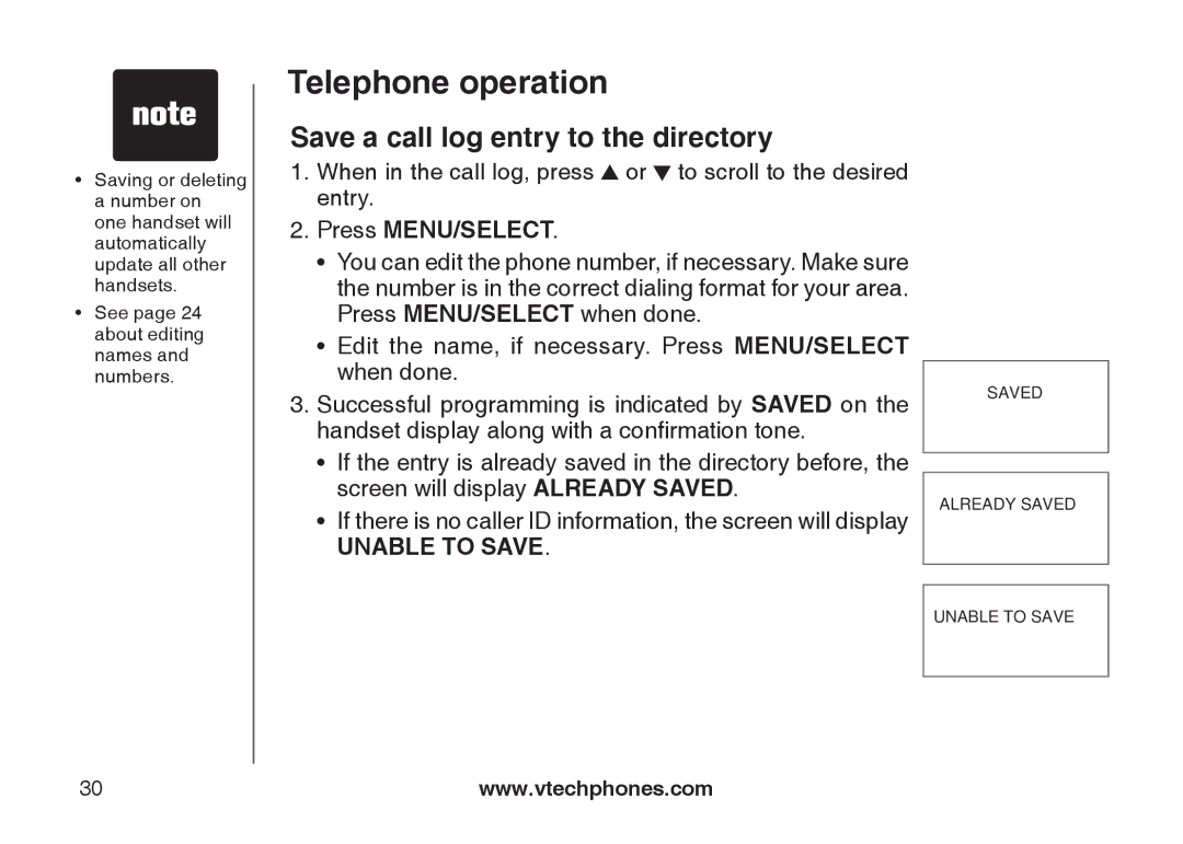 VTech DS6121-5, DS6121-3, DS6121-2, DS6122-5 user manual Save a call log entry to the directory 