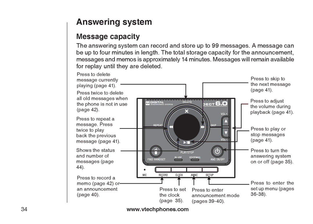 VTech DS6121-5, DS6121-3, DS6121-2, DS6122-5 user manual Answering system, Message capacity 