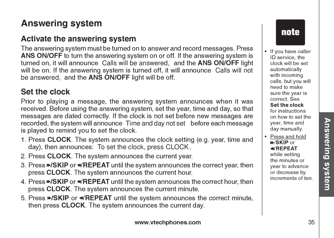 VTech DS6122-5, DS6121-3, DS6121-2, DS6121-5 user manual Activate the answering system, Set the clock 