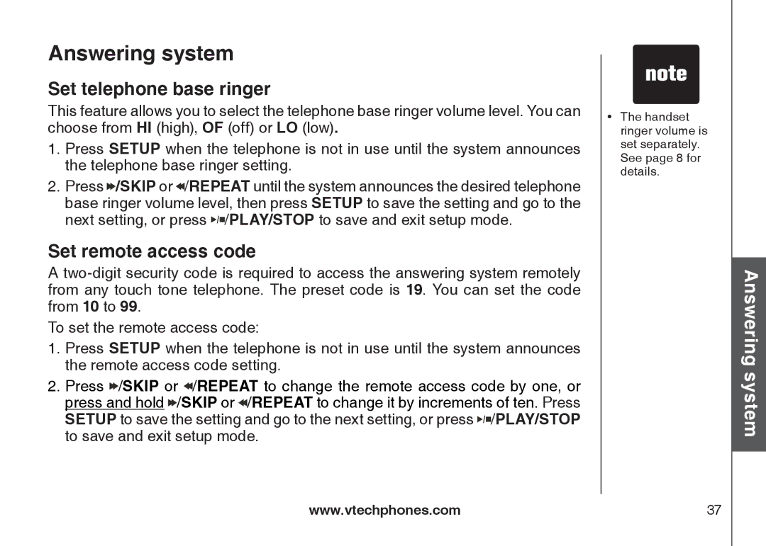 VTech DS6121-2, DS6121-3, DS6121-5, DS6122-5 user manual Set telephone base ringer, Set remote access code 