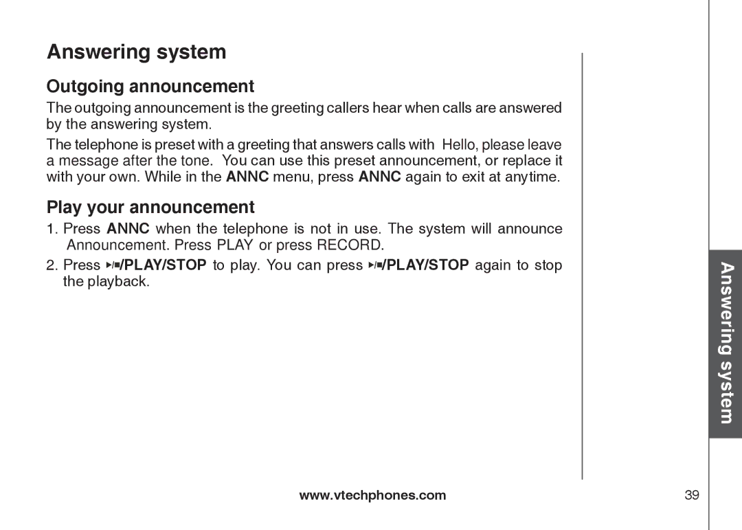 VTech DS6122-5, DS6121-3, DS6121-2, DS6121-5 user manual Outgoing announcement, Play your announcement 