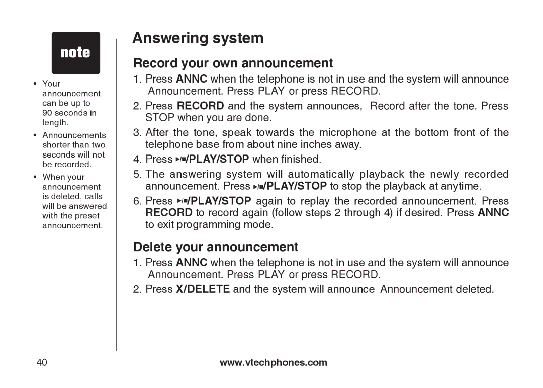 VTech DS6121-3, DS6121-2, DS6121-5, DS6122-5 user manual Record your own announcement, Delete your announcement 