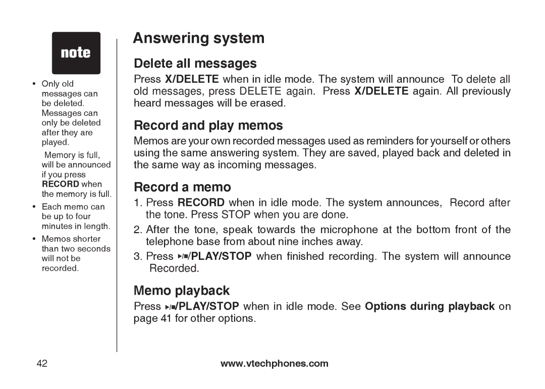 VTech DS6121-5, DS6121-3, DS6121-2, DS6122-5 Delete all messages, Record and play memos, Record a memo, Memo playback 