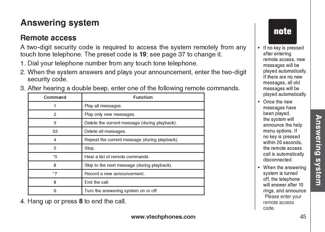 VTech DS6121-2, DS6121-3, DS6121-5, DS6122-5 user manual Remote access, Command Function 