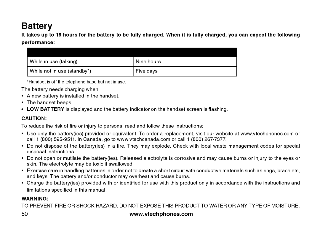 VTech DS6121-5, DS6121-3, DS6121-2, DS6122-5 user manual Battery 