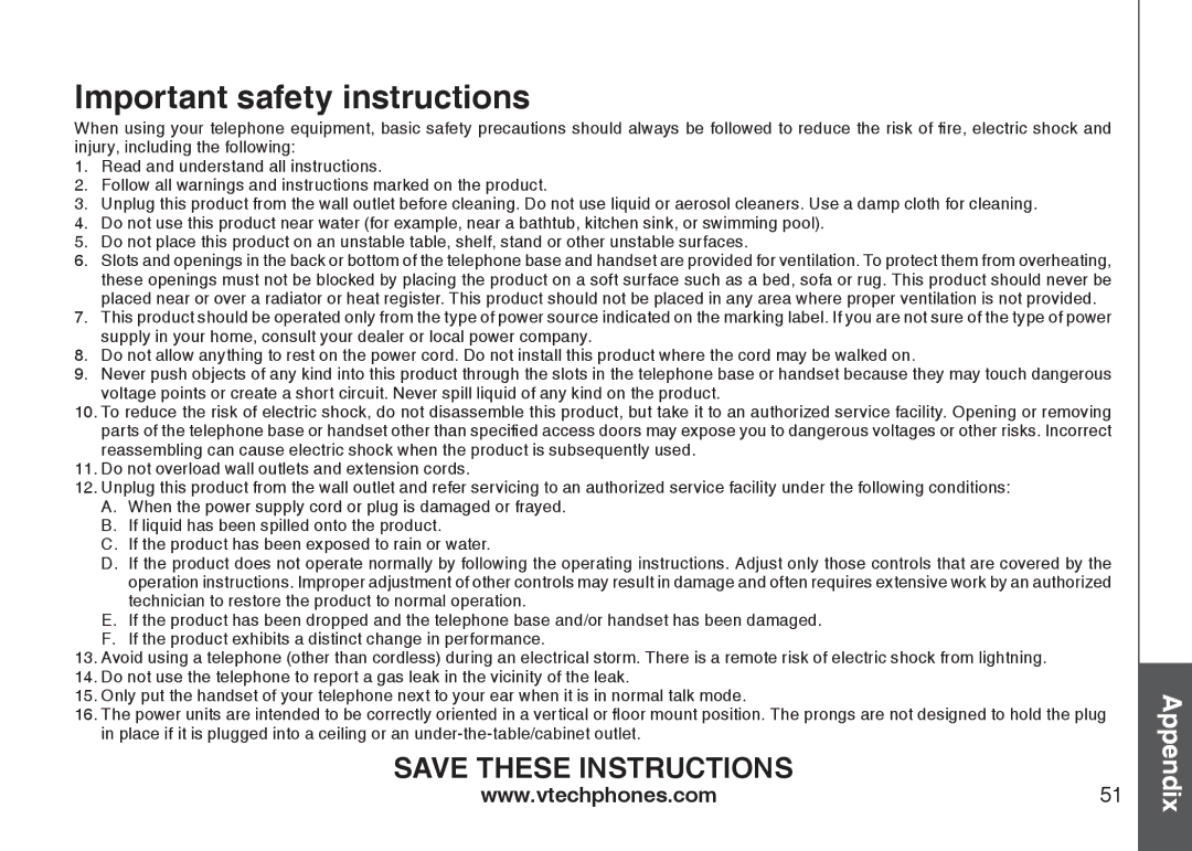 VTech DS6122-5, DS6121-3, DS6121-2, DS6121-5 user manual Important safety instructions 