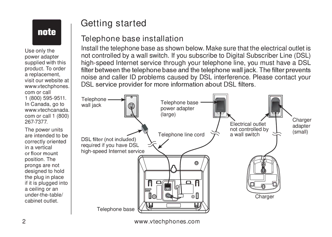 VTech DS6121-5, DS6121-3, DS6121-2, DS6122-5 user manual Telephone base installation 