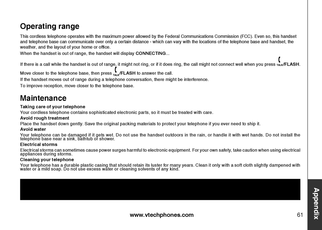 VTech DS6121-2, DS6121-3, DS6121-5, DS6122-5 user manual Operating range, Maintenance 