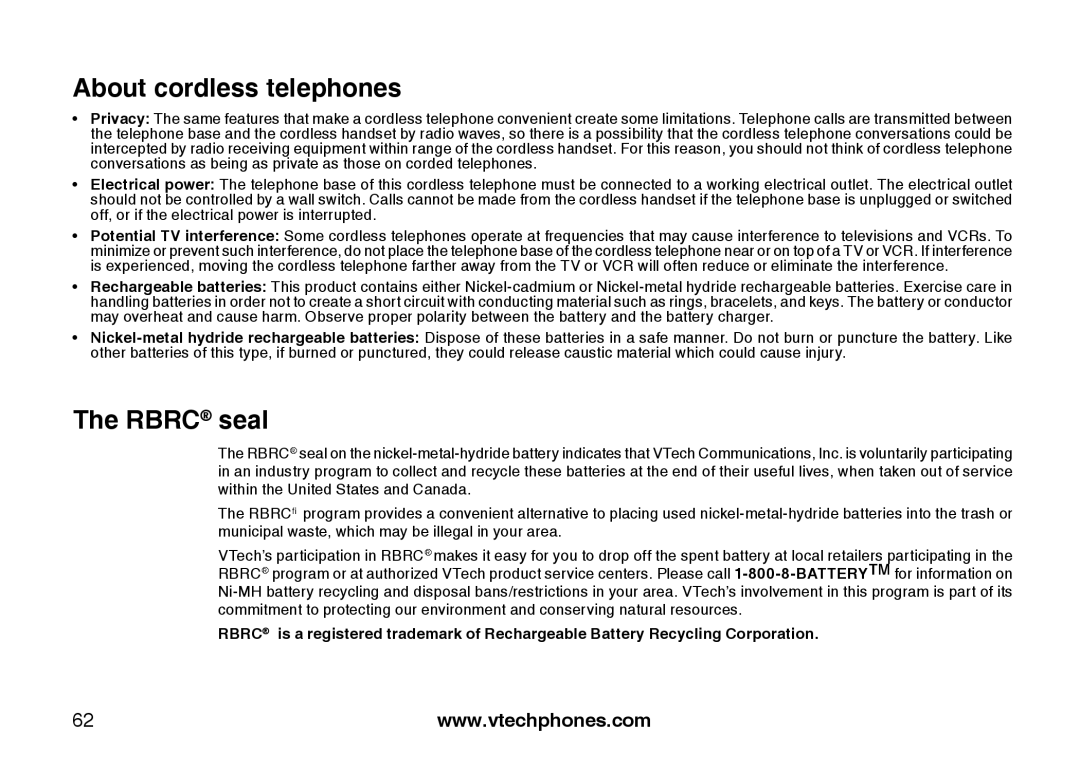 VTech DS6121-5, DS6121-3, DS6121-2, DS6122-5 user manual About cordless telephones, Rbrc seal 