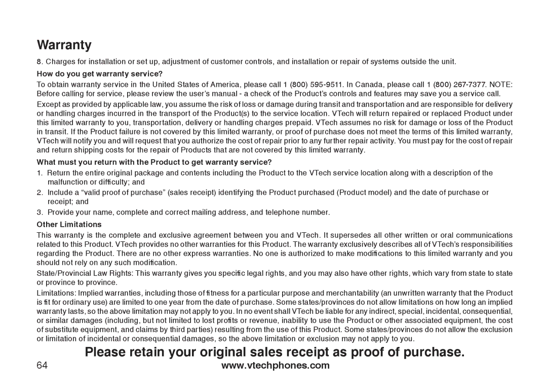 VTech DS6121-3, DS6121-2, DS6121-5, DS6122-5 user manual How do you get warranty service? 